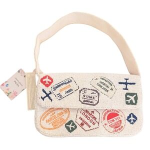 Handcrafted In India Viral Beaded Travel Passport Stamp Shoulder Bag Cream NWT